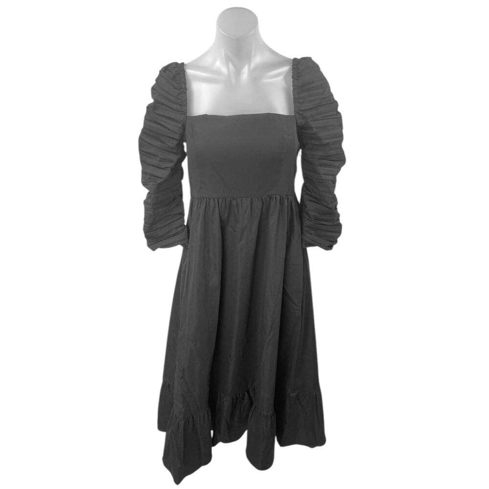 Black Midi Dress with Ruched Puff Sleeves